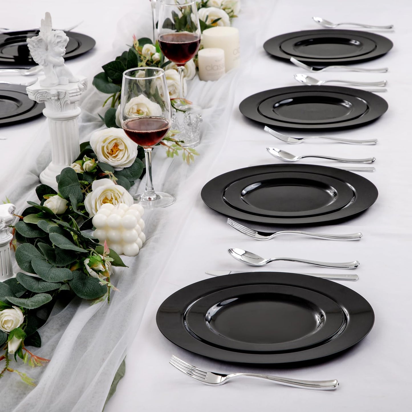 FLOWERCAT 100PCS Black Plastic Plates - Heavy Duty Black Disposable Plates for Halloween Party/Birthday/Wedding/Father's Day- serve 50guests 10 inch and 7 inch Set