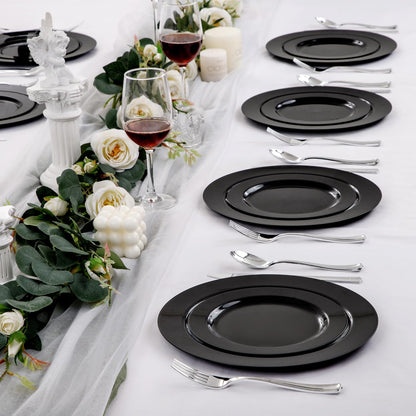 FLOWERCAT 100PCS Black Plastic Plates - Heavy Duty Black Disposable Plates for Halloween Party/Birthday/Wedding/Father's Day- serve 50guests 10 inch and 7 inch Set