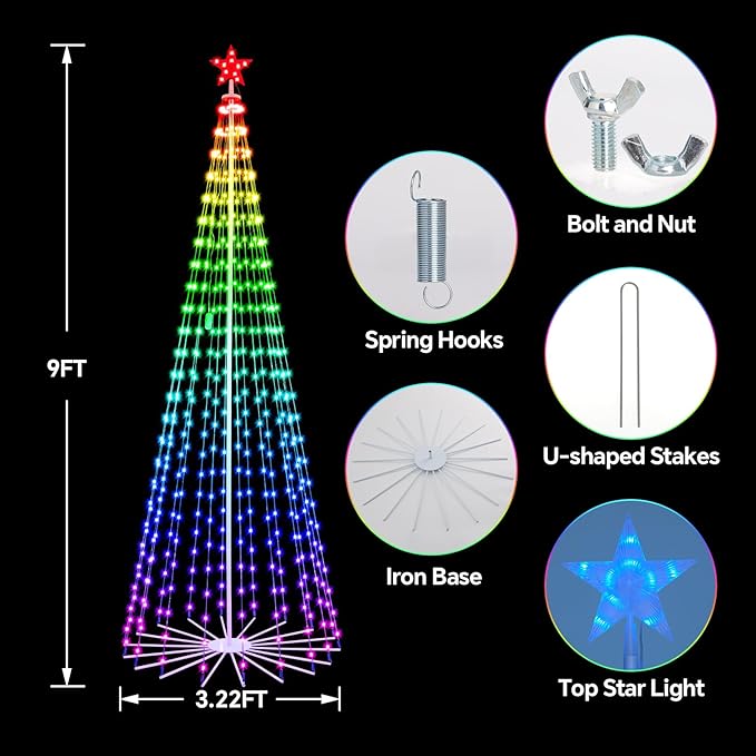 9 FT Smart Christmas Cone Tree Lights, 460 LED Lighted Outdoor Christmas Tree with Remote & App Control Timer, Music Sync, DIY RGB Color Changing for Indoor Outdoor Decorations