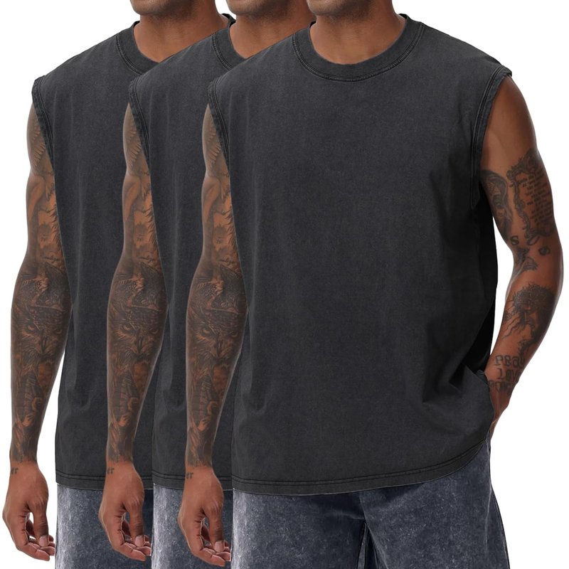 PAODIKUAI Sleeveless Shirts for Men - Sleeveless Crew Neck Casual Gym Washed T Shirt Breathable Loose Fit(Black+Black+Black,XL)