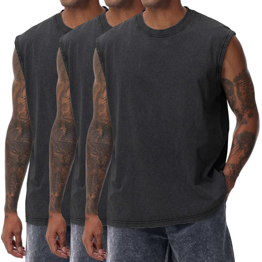 PAODIKUAI Sleeveless Shirts for Men - Sleeveless Crew Neck Casual Gym Washed T Shirt Breathable Loose Fit(Black+Black+Black,XL)