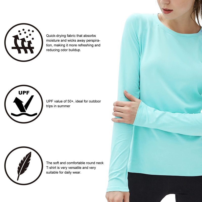 isnowood Swim Shirts for Women, UPF 50+ UV Sun Protection Long Sleeve Shirt, Lightweight Quick Dry Workout Hiking Running Rash Guard Top Baby Blue