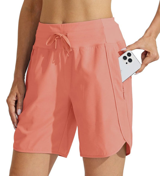 Willit Women's 7" Athletic Running Long Shorts Workout Hiking Shorts Quick Dry High Waisted Active Zipper Pocket Coral 3XL
