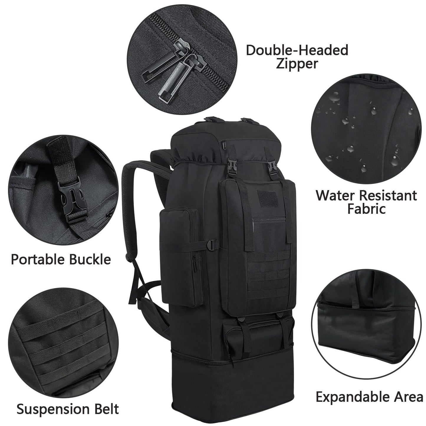 Ogetok 100L Hiking Backpack Camping Rucksack, 100 liters Large Capacity Outdoor Knapsack Travel Climbing Mountaineering Carry On Backpack Bag, Trekking Backpacking for Men Women, Black