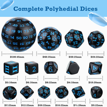 Civaner 15 Pcs Complete Polyhedral Dice Set D3-D100 Spherical RPG Dice Set in Opaque Black, 100 Sides for Role Playing Table Games Party Supplies(Black and Blue)