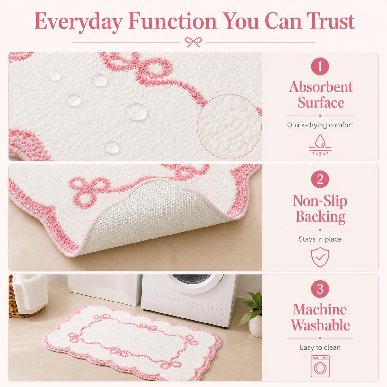 Softania Pink Scalloped Bow Bathroom Rug - 20x32 Inch Cute Coquette & Preppy Bath Mat for Apartment, Vanity & Dorm, Soft Plush Microfiber Mat, Non-Slip & Washable
