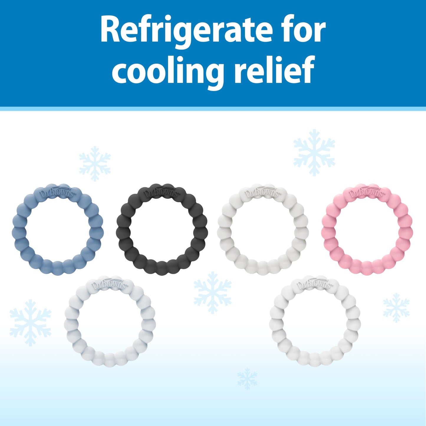 Dr. Brown's Flexees Beaded Teether Rings, 100% Silicone, Soft & Easy to Hold, Encourages Self-Soothe, 3 Pack, Blue, Light Blue, Black, BPA Free, 3m+