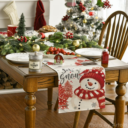 Artoid Mode Xmas Trees Let It Snow Red Snowman Christmas Table Runner, Seasonal Winter Holiday Kitchen Dining Table Decoration for Home Party Decor 13x72 Inch