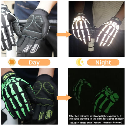 Azarxis Skeleton Gloves Reflective for Men Women, Skull Gloves Glow in The Dark Anti Slip for Cycling Motocycling Halloween Cosplay Party Thanksgiving Christmas (White - Reflective, Large)