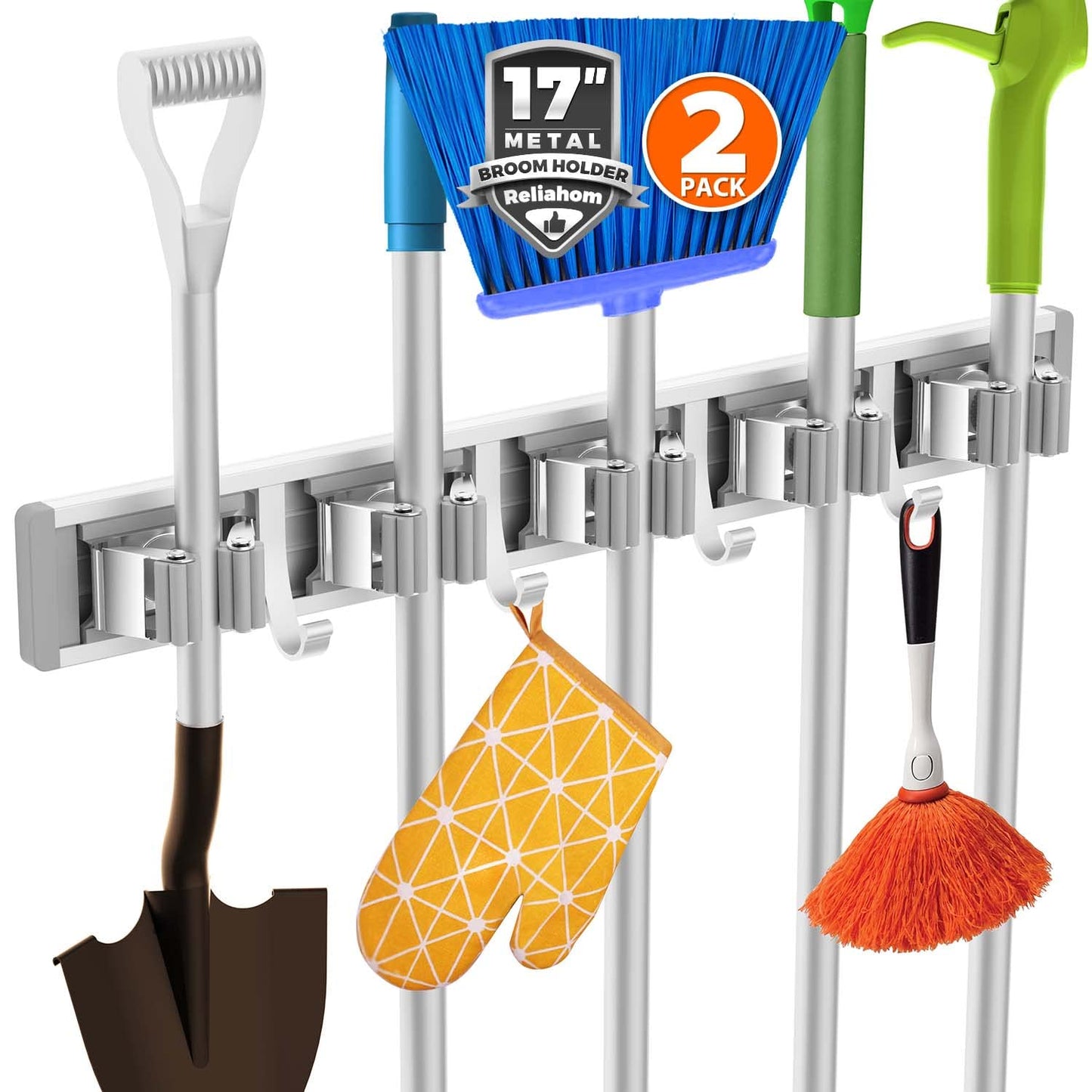 reliahom Broom Holder Wall Mount Mop and Broom Hanger Wall Mounted Garage Storage Rack Kitchen Garden Tool Organizer (4 Racks with 5 Hooks, Silver)
