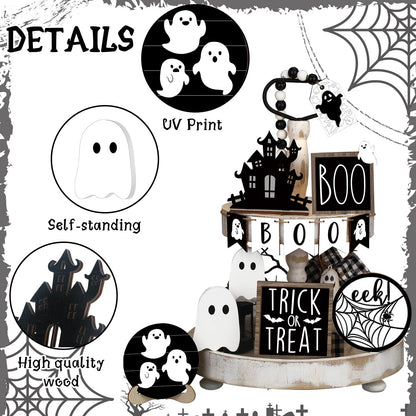 Umigy 15 Pcs Halloween Tiered Tray Decor Set Cute Ghost Tray Decorations Boo Halloween Wooden Signs Farmhouse Rustic Decoration for Home Table Party Supplies(Ghost)