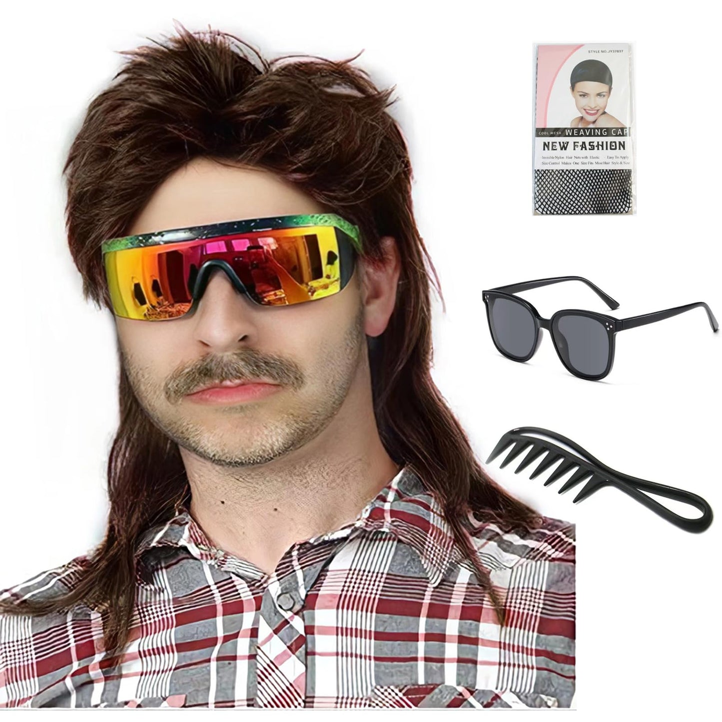 Auguyist Mullet Wig for Men, Joe Dirt, Emo, 80s Costume, Halloween Accessory (Dark Brown)