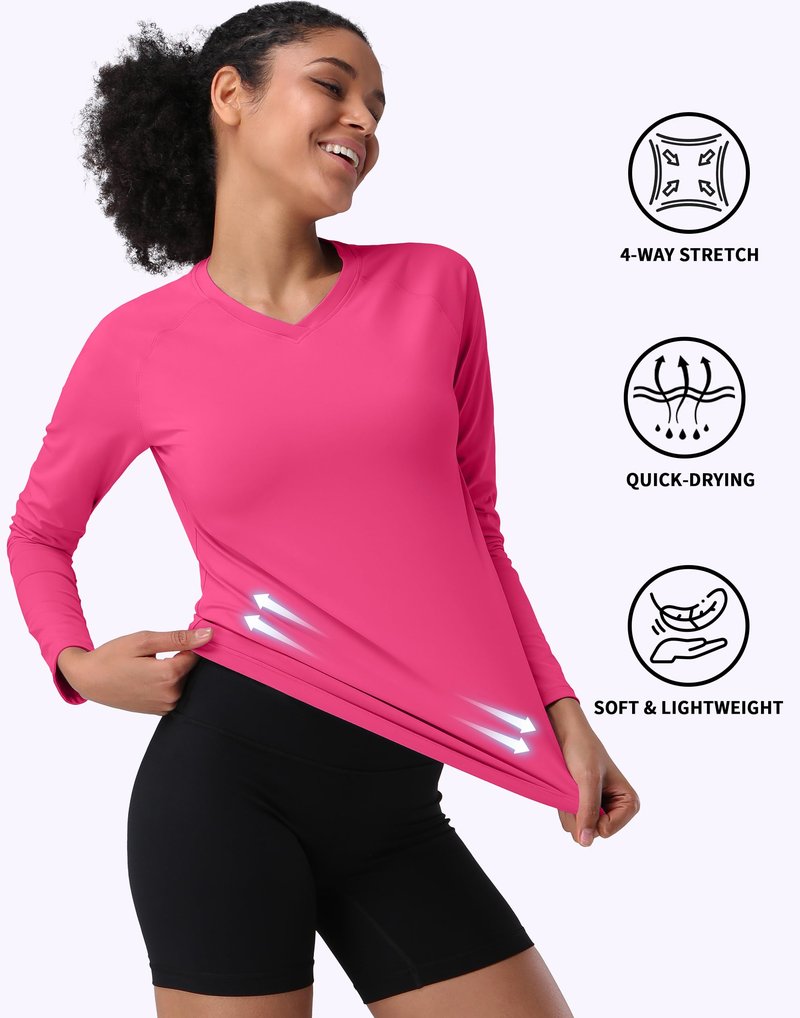 Pioneer Camp Women's UV Sun Protection SPF Shirt V Neck UPF 50+ Long Sleeve Workout Tops Quick Dry Rash Guard Hiking Running Rose Pink