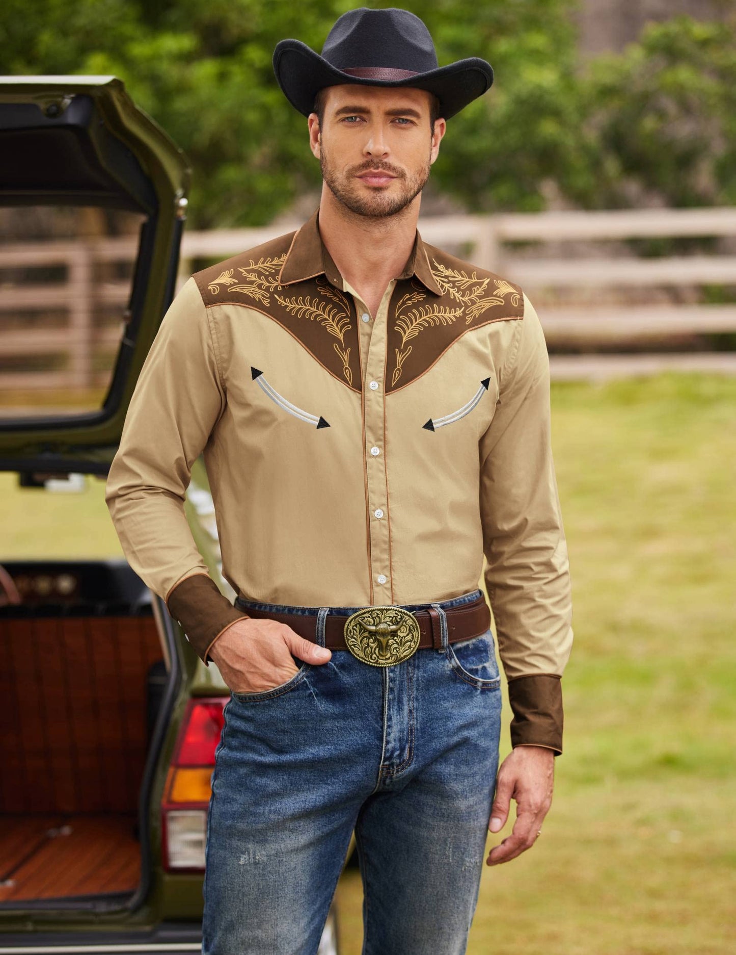 COOFANDY Men's Western Cowboy Shirt Embroidered Button Down Long Sleeve Shirts
