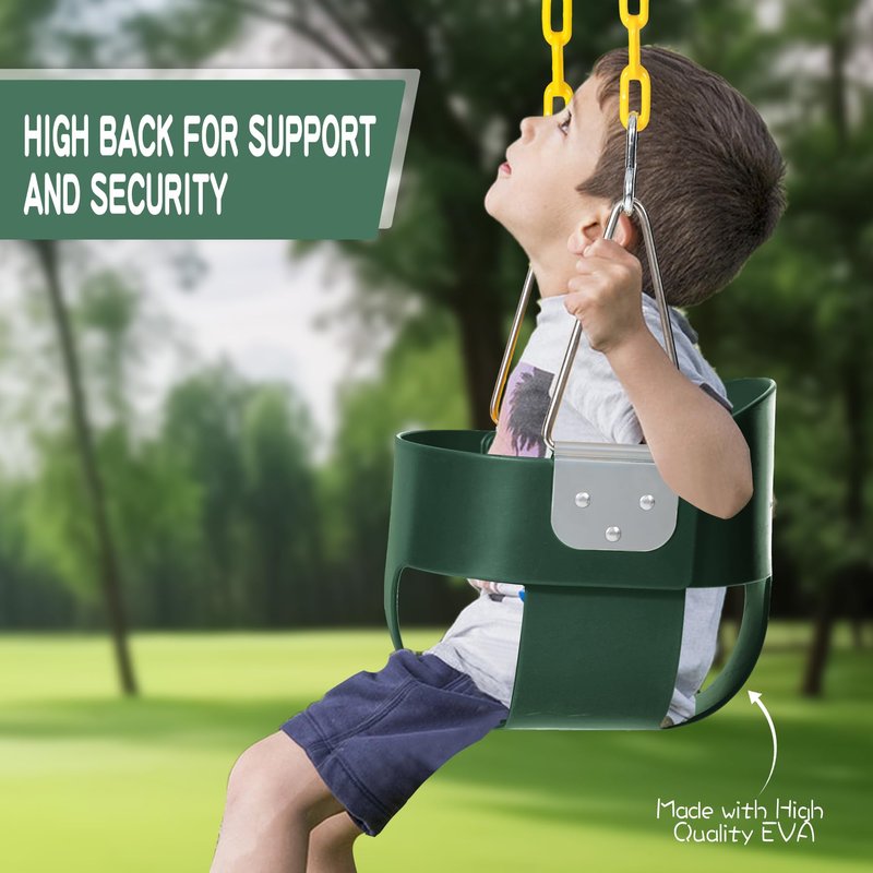 Toddler Swing Seat with Coated Chains, Heavy Duty Kids High Back Bucket Swings with Tree Straps and Hooks for Outdoor, Playground, Backyard, Swing Set Accessories by Domaker, Green