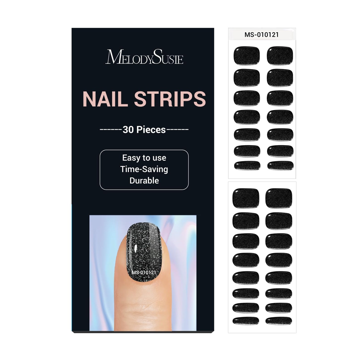 MelodySusie 30PCS Semi Cured Gel Nail Strips (Black Glitter), Works with Any Nail Lamps, Salon Quality, Long Lasting, Easy to Apply and Remove, Includes 2 Prep Pads, Nail File and Wooden Stick