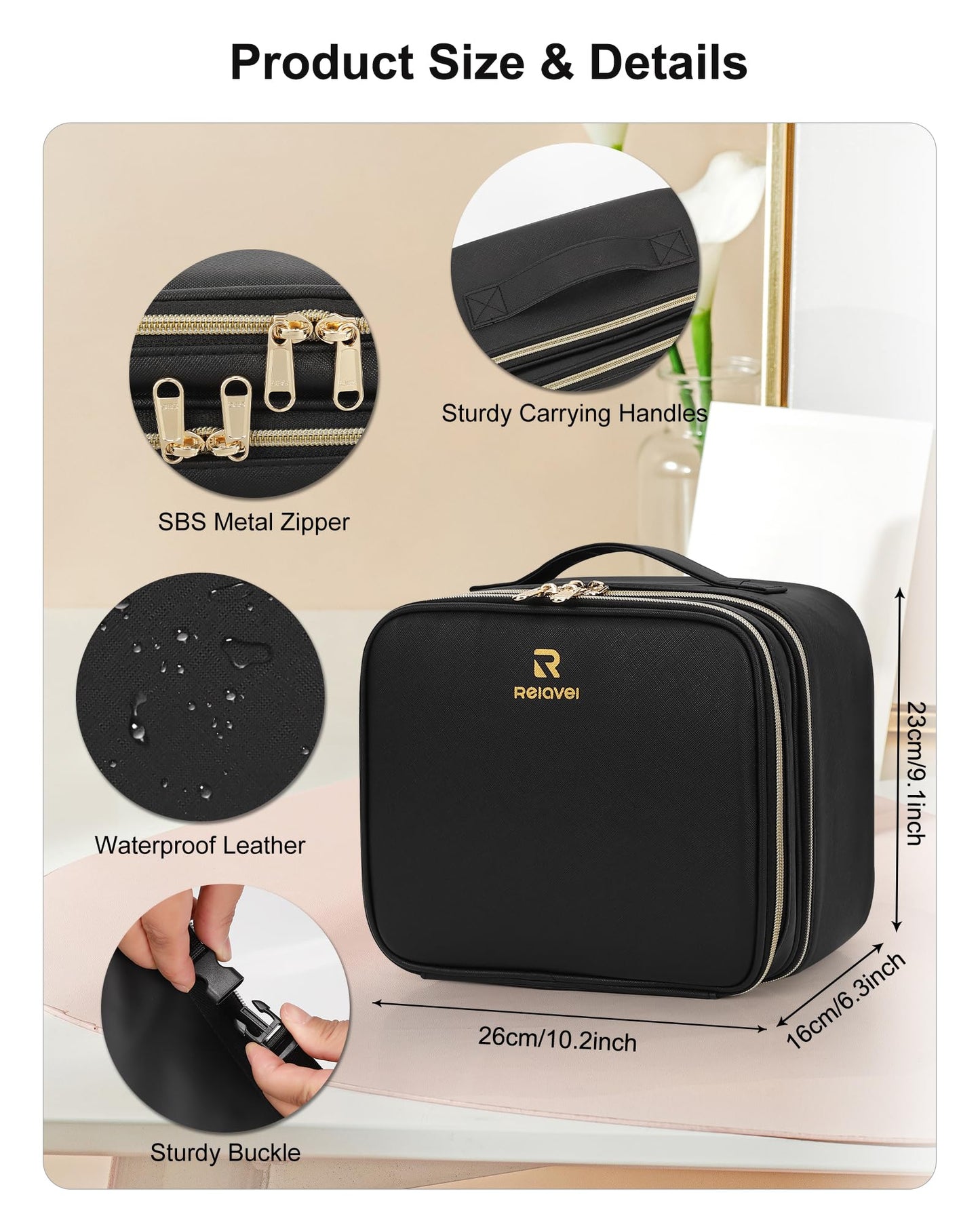 Relavel Travel Makeup Bag With LED Mirror, Cosmetic Train Case with Light up Mirror, Portable Makeup Artist Organizer Bag with Adjustable Dividers, Makeup Brush Holder Storage, Black