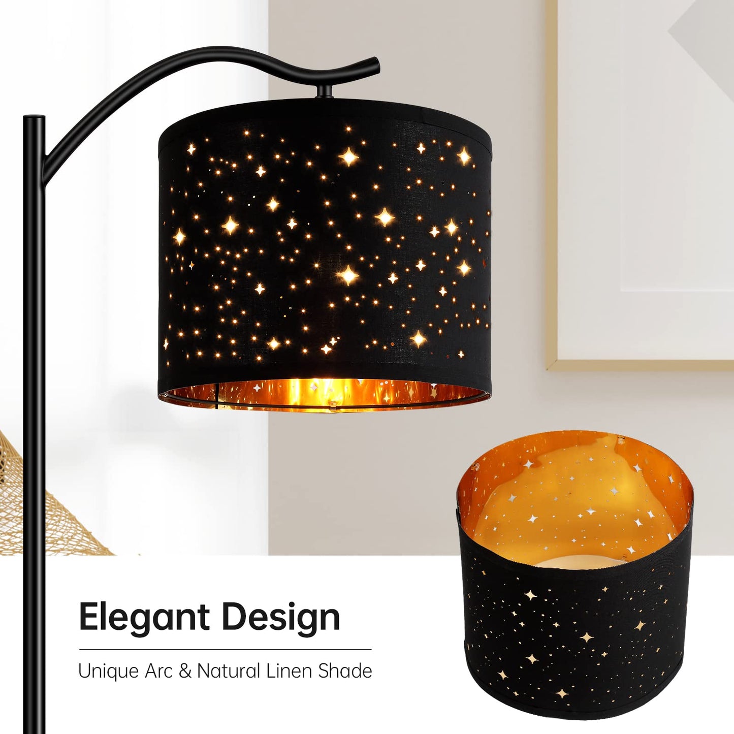 BoostArea Floor Lamp for Living Room,LED Arched Tall Modern Standing Lamp with Bohemian Linen Shade, E26 Socket, Footswitch,Black Mid Century Floor Lamp for Bedrooms,Office,Star Shade