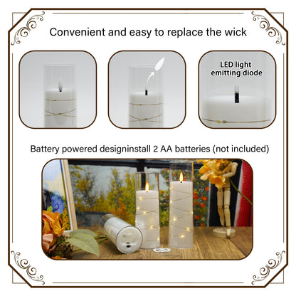 Nimiko Flickering Flameless LED Candles, 9 Pcs with Embedded Star String, Acrylic LED Pillar Candles with Remote, Suitable for Home Decoration (White)