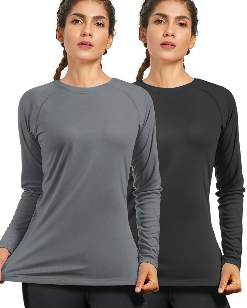 isnowood Womens Long Sleeve Rash Guard, 2 Pack UV UPF 50+ Sun Protection Shirts, Quick Dry Tops for Swimming Workout Hiking Running
