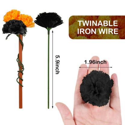 Waydress 20 Pieces Artificial Marigold Bunch Fake Bunch Halloween Artificial Marigold Flowers with Stem for Birthday Party Diwali Halloween Party Decoration(Black, Orange)