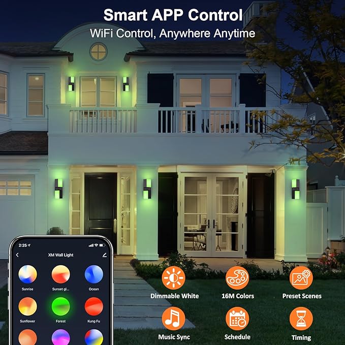 XMCOSY+ Outdoor Wall Light, 1400LM Smart RGBCW Outdoor Wall Sconce Lights, Adjustable Dual-Head LED Porch Light, WiFi APP Control, Alexa Compatible, IP65 Waterproof Outside Lights for House, 1 Pack