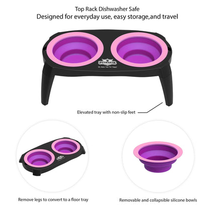 Elevated Cat and Dog Food Bowls with Non-Slip Stand - Removable and Collapsible Silicone Feeder for Food and Water - 16-Ounces Each by PETMAKER (Pink)