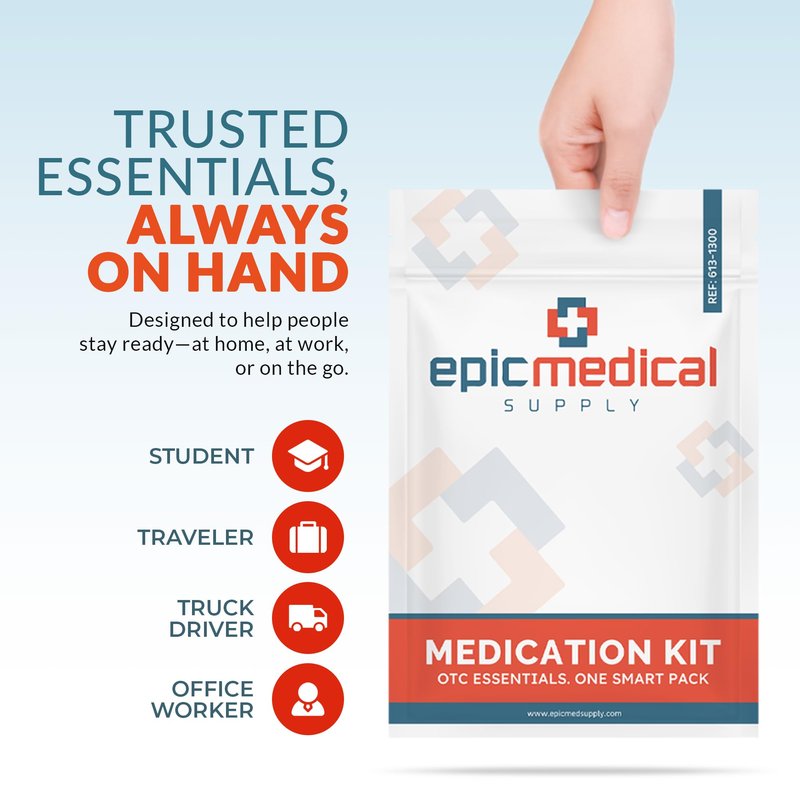 Epic Medical Supply First Aid Kit Medication Refill – 43-Count Unit Dose Packets - Alcohol Pads & Bandages – Emergency Medicine Kit Pills - 1st Aid Kit Refill, Travel, Camping – Assembled in USA