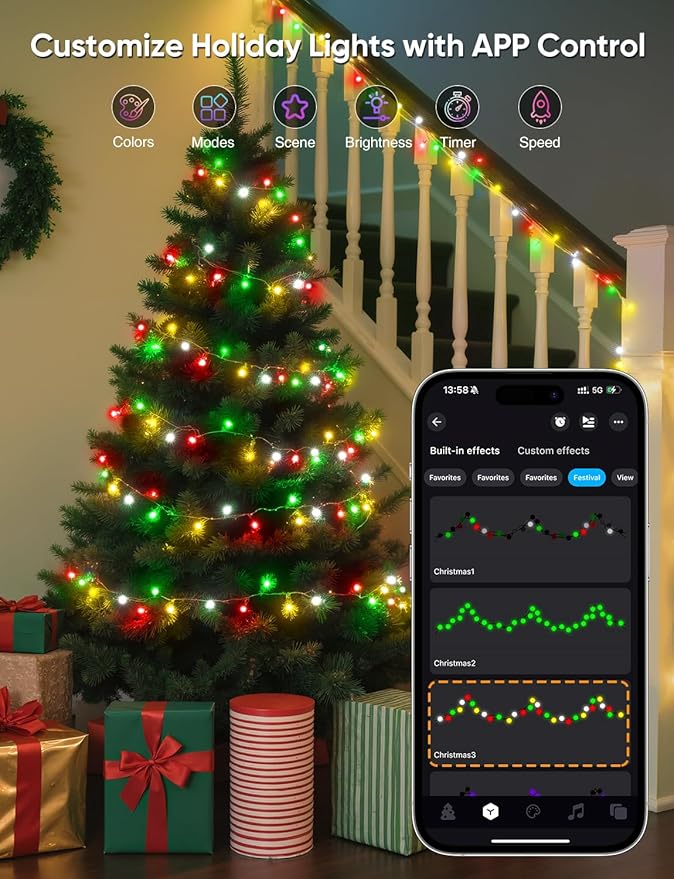 Ollny Smart Christmas Lights, 66FT 200 LEDs APP Control RGB Color Changing Christmas Tree Lights with Remote, Programmable DIY Musical Waterproof Decor Light with Timer for House Indoor Outdoor House