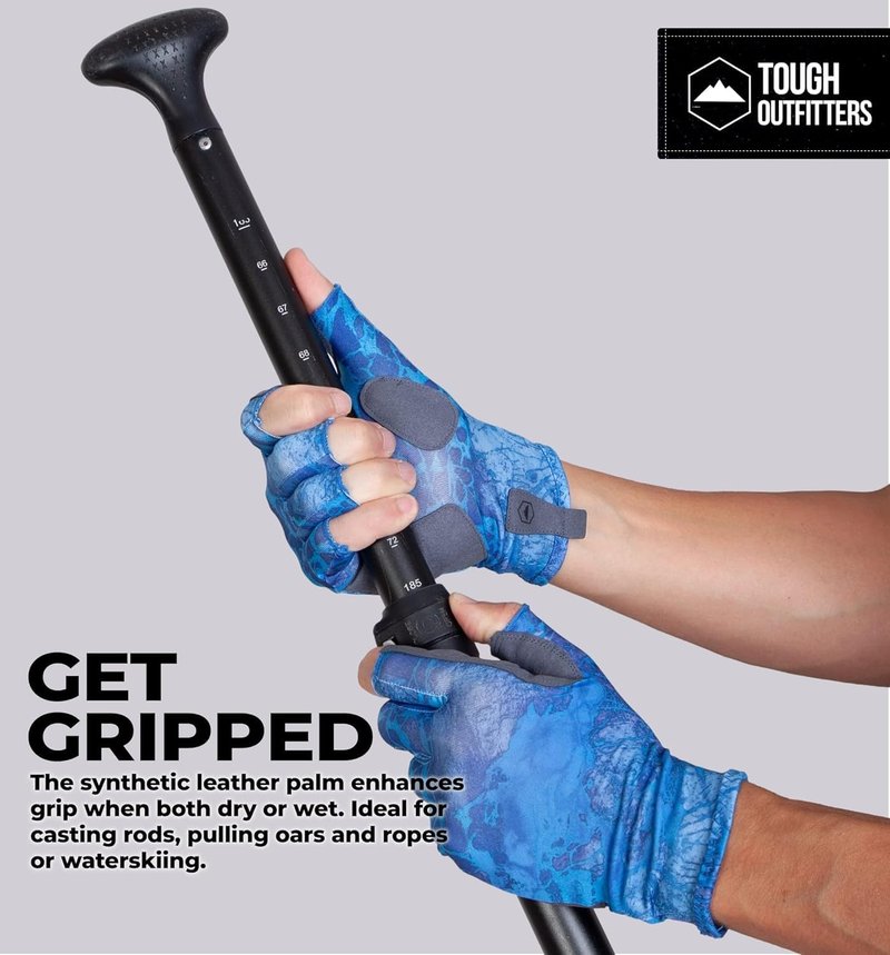 Tough Outdoors UPF 50+ Fishing Gloves - Sun Protection Kayaking Gloves for Men & Women - Lightweight Fingerless SPF Gloves for Watersports - Navy Blue