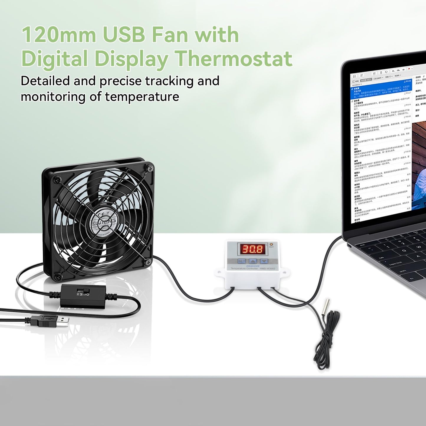 ELUTENG USB Fan 120mm with Digital Temperature Controller, PC Fan 1500RPM 3 Adjustable Speeds with Metal Grill for Laptop/TV Box/AV Cabinet/PS5/Router