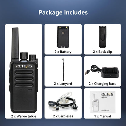 Retevis RT668 Walkie Talkies for Adults Long Range, PMR446 2 Way Radio, Robust radio communication, Professional Two Way Radio,Hand Free Walkie Talkie with Earpieces for Adults Kids (Black, 2Pcs)