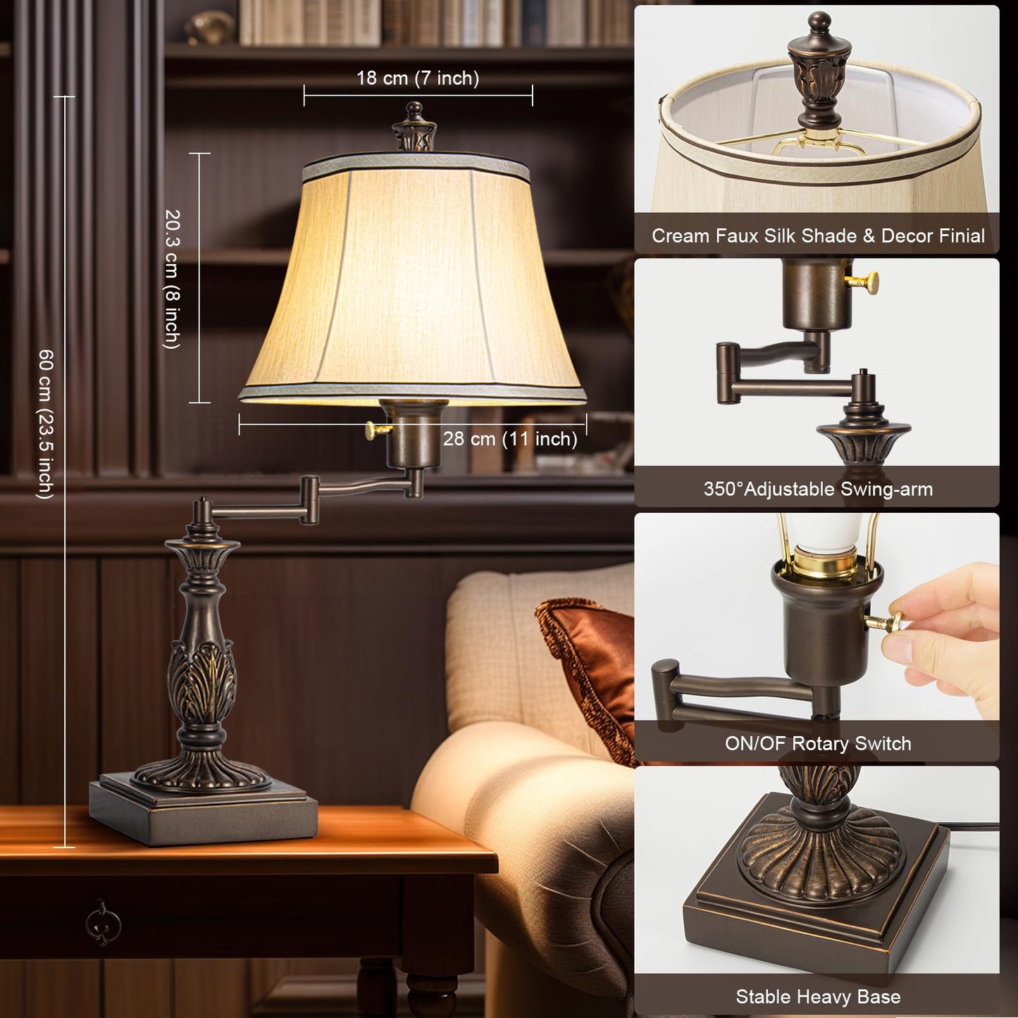 23.5" High Rustic Traditional 350° Adjustable Swing Arm Table Lamp Set of 2 with USB A+C Ports Brown Finish Cream Shade Vintage Nightstand lamp for Living Room Bedroom Office (Bulb Included)
