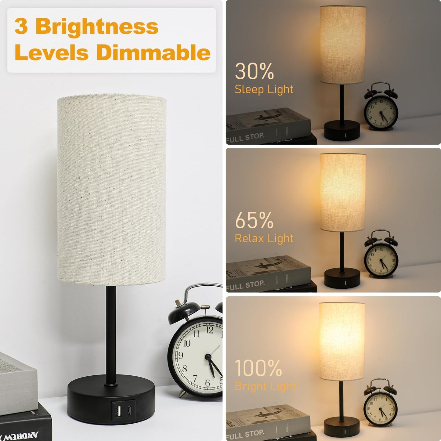 STANBOW Bedside Lamps, Touch Lamp Bedside with USB A+C Charging Ports, 3-Way Dimmable LED, Table Lamp for Living Room Bedroom Gift with Beige Shade-Black Base (LED Bulb Included)
