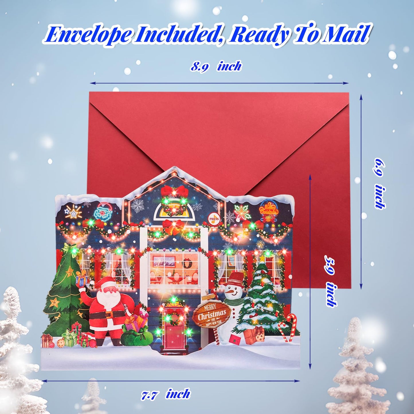 MZD8391 3D Pop Up Christmas Cards with Music and Lights, Animated Christmas Gift Card, Playing 3 Songs with 3 Matching Lights Blinking Modes (Envelope Included)