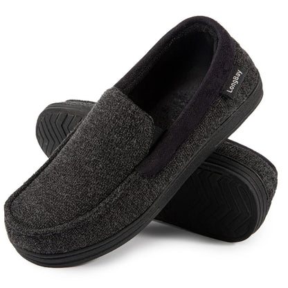 LongBay Mens Memory Foam Moccasin Slippers Plush Fleece House Slipper in Indoor Outdoor Shoes, Black 1, 10 UK