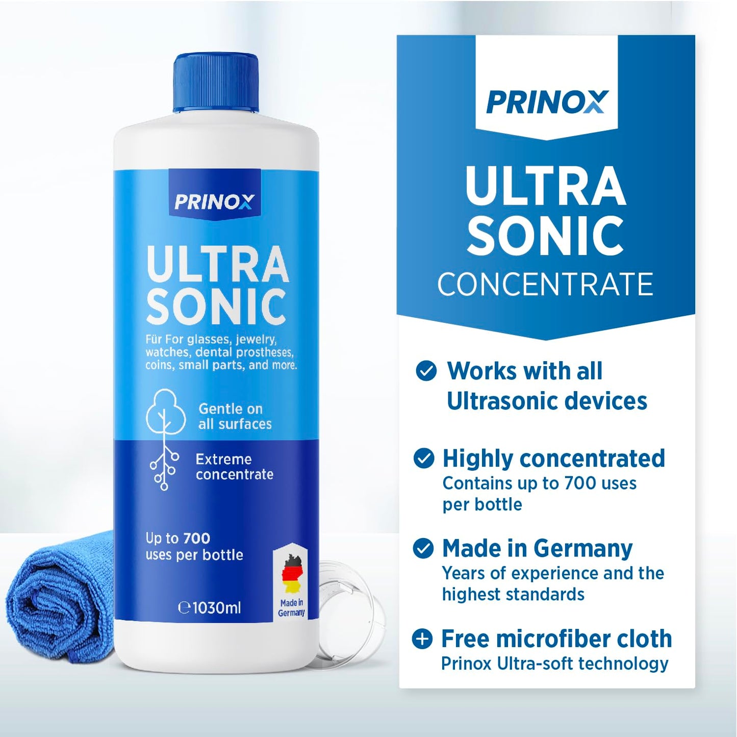 PRINOX® Ultrasonic Cleaner Concentrate 1030ml – Highly Efficient up to 700 uses – Jewellery Cleaner Solution for Jewellery, Glasses, Dentures & Small Parts – Compatible with All Ultrasonic Devices