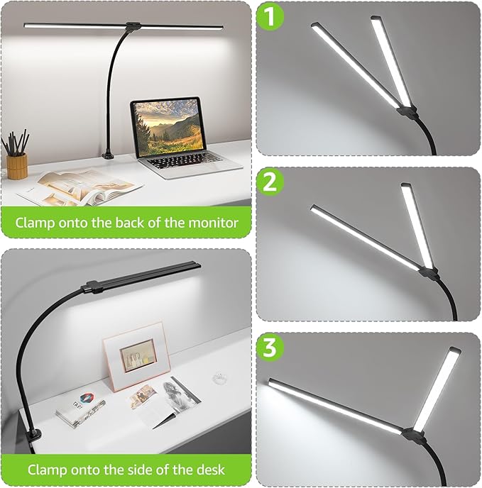 ShineTech LED Desk Lamp for Home Office, 3000K Warm White Double Head Architect Task Lamps with Clamp, Dimmable Adjustable Flexible Gooseneck, Black
