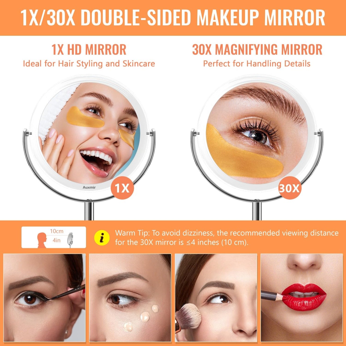 Auxmir 30X Magnifying Mirror with Tweezers, Double Sided 30X/1X Magnifying Makeup Mirror with Stand, 360° Rotation Bathroom Vanity Mirrors for Shaving, Dressing Table, Desktop, Bedroom