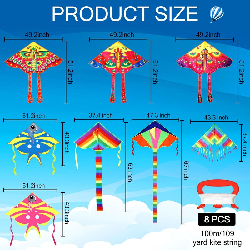 Foilswirl 8 Pack Kites for Kids Butterfly Fish Rainbow Delta Pattern with 8 Pcs 109 Yard Kite String Large Easy to Fly for Children Adults Spring Outdoor Beach Games