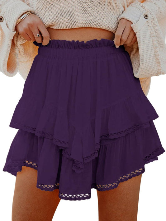 Aoudery Flowy Shorts for Women Casual Boho Ruffle Tiered Skorts High Waist Mini Skirts Golf Tennis Butterfly Crochet Shorts - Dark Purple XL