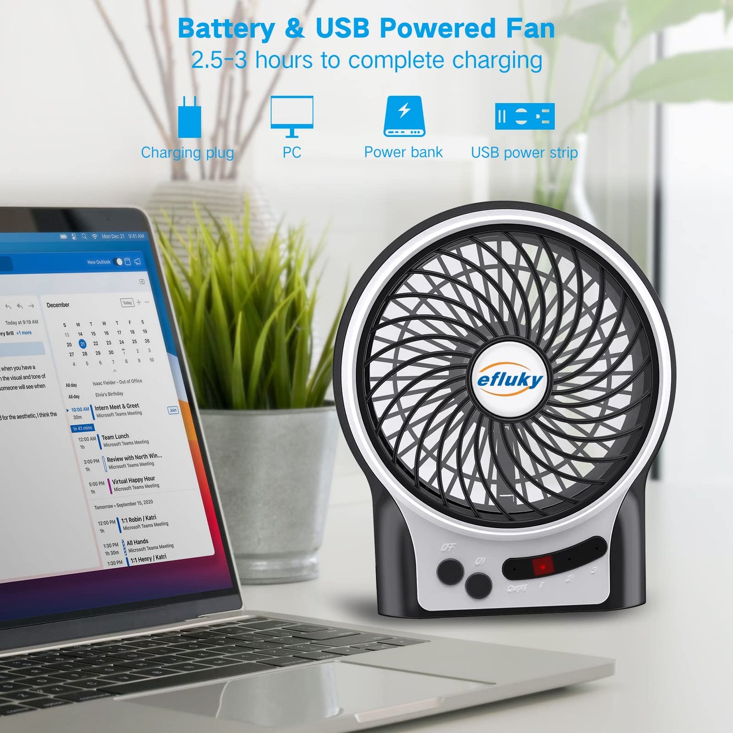 efluky 4.9-Inch Mini Desk Fan - 3 Speeds, Rechargeable Battery/USB Powered with LED Light, Quiet Portable Fan for Home, Office, Travel, Camping (Black)
