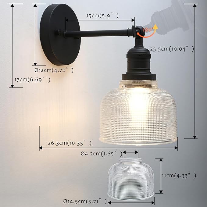 Pathson Vintage Wall Sconce Lamp with Clear Glass, Adjustable Hardwired Wall Vanity Light for Bathroom Living Room Farmhouse Bedside Lighting