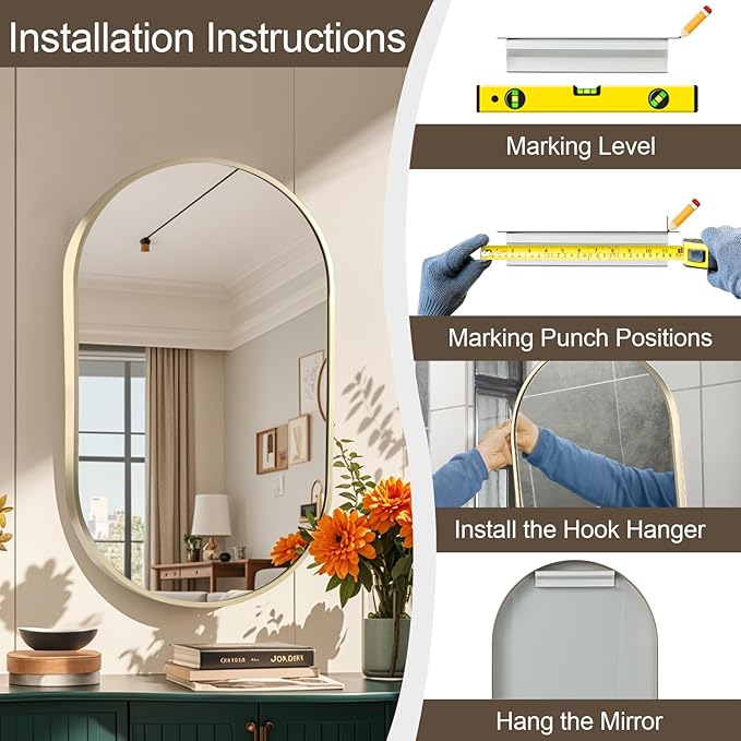 24x36 inch Oval Bathroom Mirror, Gold Vanity Wall Mirror with Brushed Metal Frame, Oval Mirrors for Bathroom, Entryway, Over Sink, Living Room