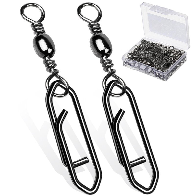 AMYSPORTS Heavy Strength Fishing Snap Stainless Saltwater Freshwater Fishing Swivel Clip Rolling Barrel Fishing Clips Swivels Speed Change Black Nickel, 50pcs, 70lb