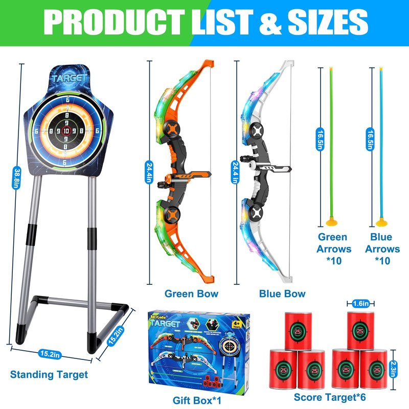2 Pack Kids Bow and Arrow Set, LED Light Up Archery Set with 20 Suction Cup Arrows, Indoor Outdoor Sport Games for Kids Ages 4-8 8-12, Birthday Gifts Toys for 4 5 6 7 8 9 10 11 12 Year Old Boys Girls