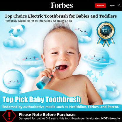 Baby Toothbrush Electric Toddler & Kids Electric Toothbrush 0-2-3 Years Old with Infant Finger Tooth Brush, Cute Cover, LED Light, 2 Minutes Timer, 4 Brush Heads, Suction Cup (Blue Astronaut)
