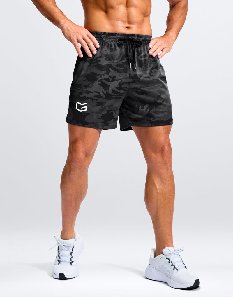 G Gradual Men's Athletic Workout Shorts with Pockets 5"/7"/9" Lightweight Quick Dry Gym Basketball Running Shorts for Men(Grey Camo,5-L)
