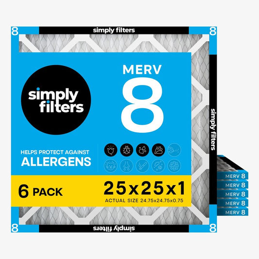Simply 25x25x1 Air Filter, Merv 8, 6 Pack, For Home AC Furnace & HVAC (Actual Size: 24.75"x24.75"x0.75") DUST, Pet, & Allergy Control