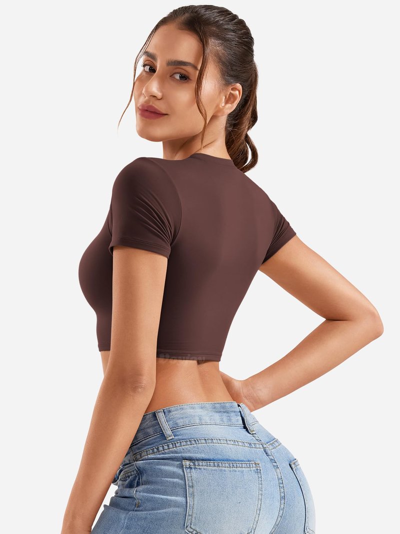 VOYJOY Womens Double Lined Fitted Short Sleeve Crop Tops Crew Neck Casual Workout T Shirts Cute Basic Tee Coffee L